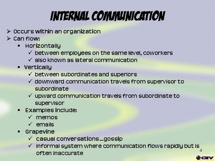 Internal Communication Ø Occurs within an organization Ø Can flow: § Horizontally ü between