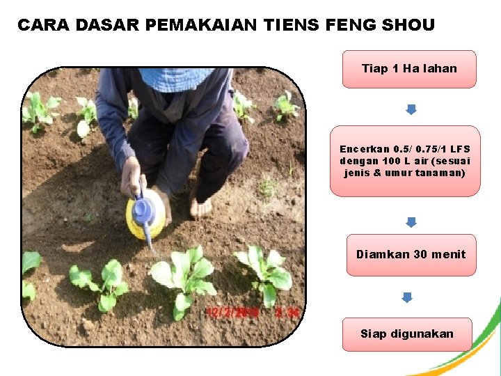 CARA DASAR PEMAKAIAN TIENS FENG SHOU Tiap 1 Ha lahan Encerkan 0. 5/ 0.