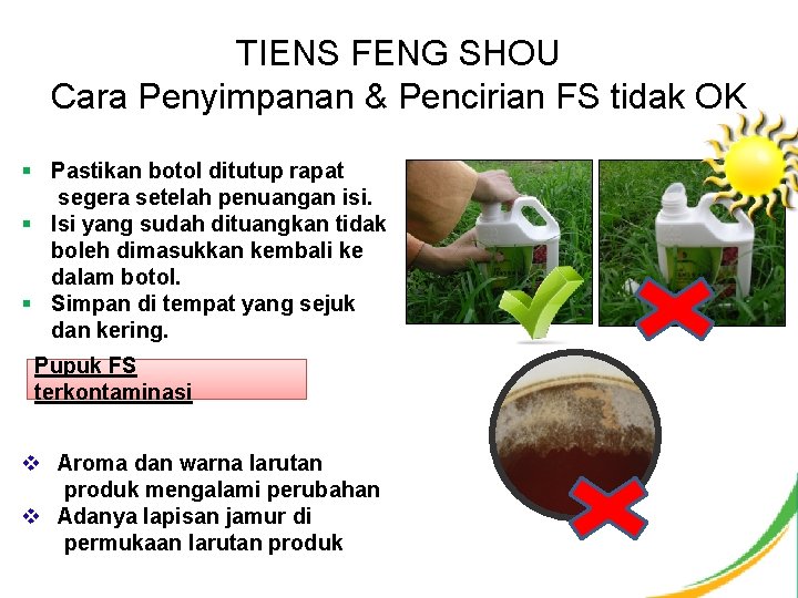 TIENS FENG SHOU Cara Penyimpanan & Pencirian FS tidak OK § Pastikan botol ditutup