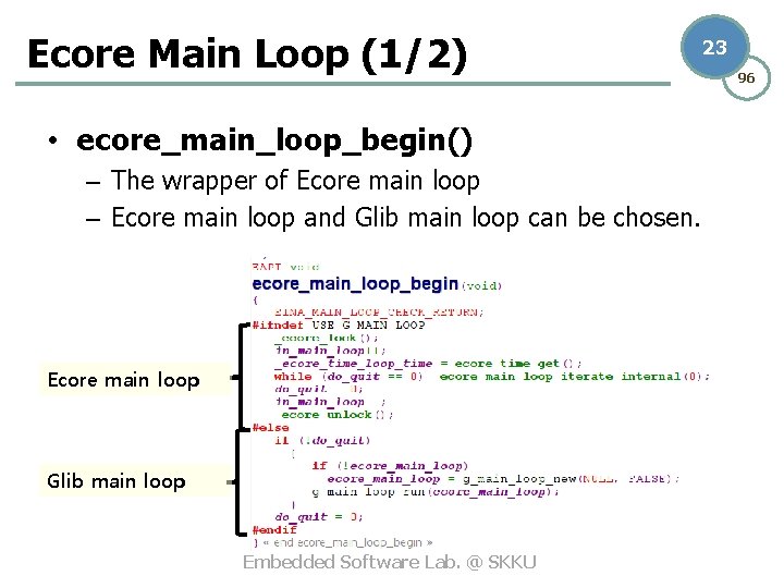 Ecore Main Loop (1/2) • ecore_main_loop_begin() – The wrapper of Ecore main loop –