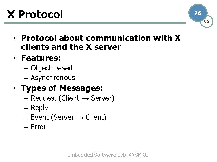 X Protocol 76 96 • Protocol about communication with X clients and the X