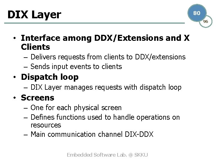 DIX Layer 80 96 • Interface among DDX/Extensions and X Clients – Delivers requests