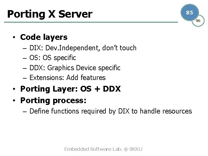 Porting X Server 85 • Code layers – – DIX: Dev. Independent, don’t touch