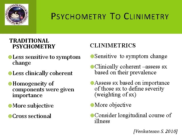 P SYCHOMETRY T O C LINIMETRY TRADITIONAL PSYCHOMETRY CLINIMETRICS Less sensitive to symptom Sensitive