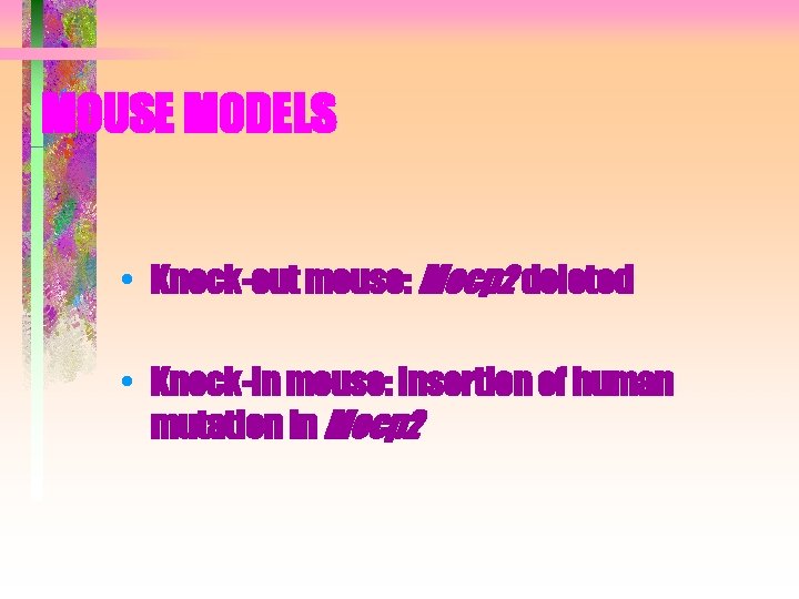 MOUSE MODELS • Knock-out mouse: Mecp 2 deleted • Knock-in mouse: Insertion of human MOUSE MODELS • Knock-out mouse: Mecp 2 deleted • Knock-in mouse: Insertion of human