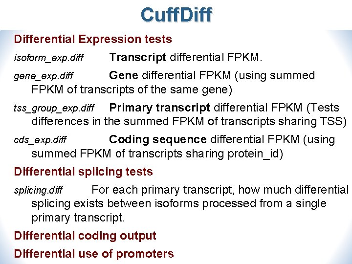 Cuff. Differential Expression tests isoform_exp. diff Transcript differential FPKM. Gene differential FPKM (using summed