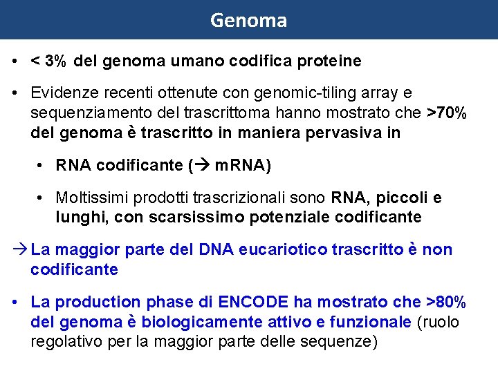 Genoma • < 3% del genoma umano codifica proteine • Evidenze recenti ottenute con