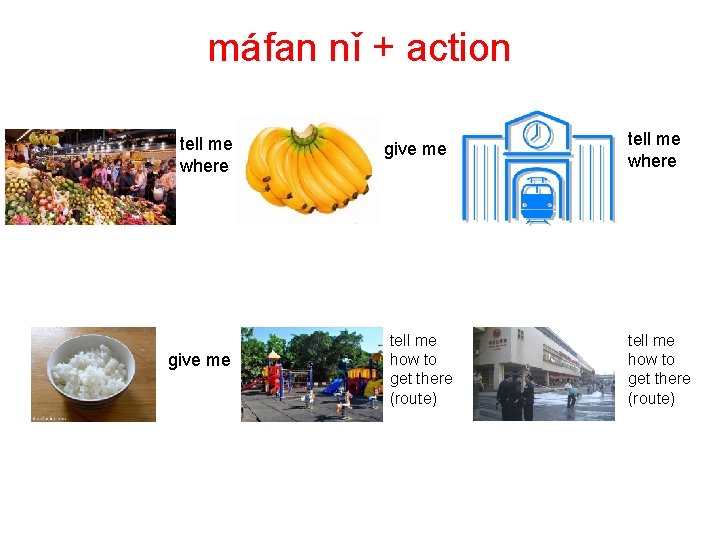 máfan nǐ + action tell me where give me tell me how to get