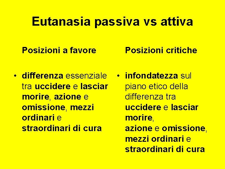 Eutanasia passiva vs attiva Posizioni a favore Posizioni critiche • differenza essenziale • infondatezza