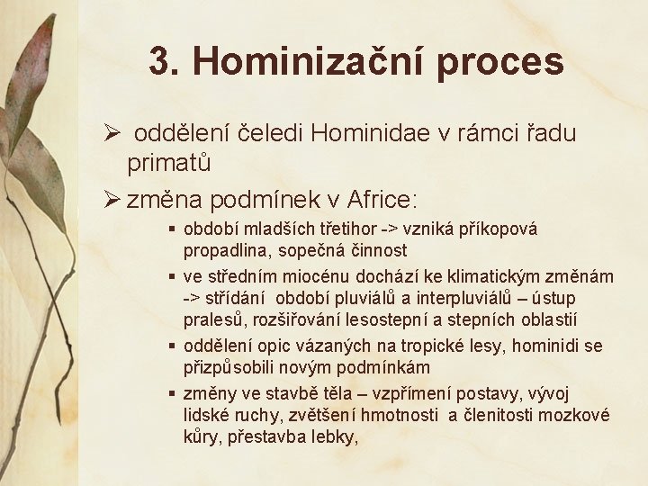 3. Hominizační proces Ø oddělení čeledi Hominidae v rámci řadu primatů Ø změna podmínek