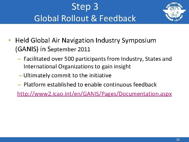 Step 3 Global Rollout & Feedback • Held Global Air Navigation Industry Symposium (GANIS)