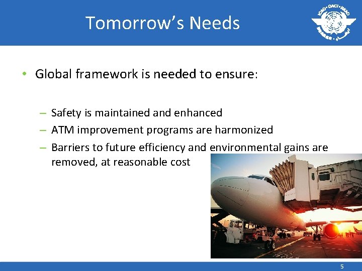 Tomorrow’s Needs • Global framework is needed to ensure: – Safety is maintained and