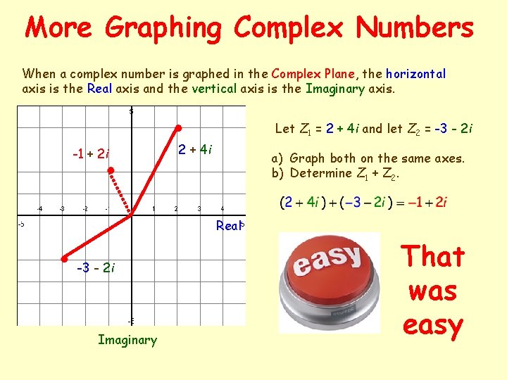 More Graphing Complex Numbers When a complex number is graphed in the Complex Plane,