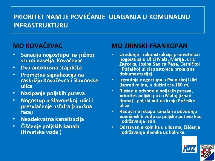 PRIORITET NAM JE POVEĆANJE ULAGANJA U KOMUNALNU INFRASTRUKTURU MO KOVAČEVAC MO ZRINSKI-FRANKOPAN • Sanacija