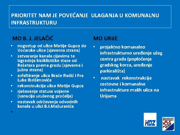 PRIORITET NAM JE POVEĆANJE ULAGANJA U KOMUNALNU INFRASTRUKTURU MO B. J. JELAČIĆ • •