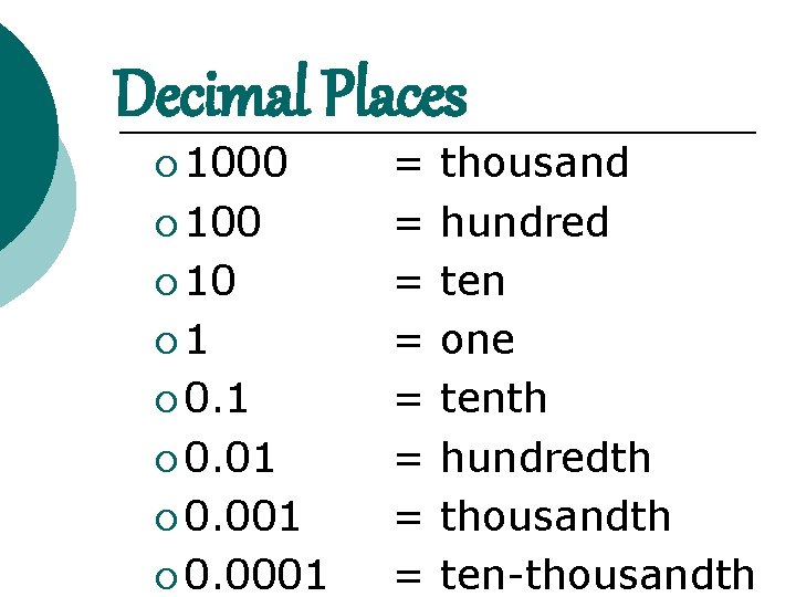 Decimal Places ¡ 1000 ¡ 10 ¡ 1 ¡ 0. 01 ¡ 0. 0001