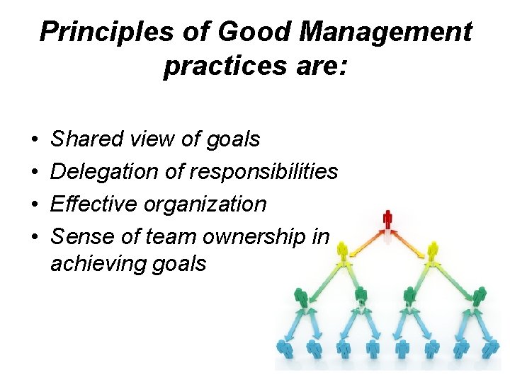 Principles of Good Management practices are: • • Shared view of goals Delegation of