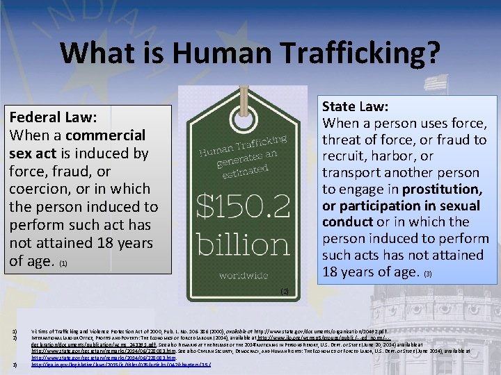 What is Human Trafficking? State Law: When a person uses force, threat of force,