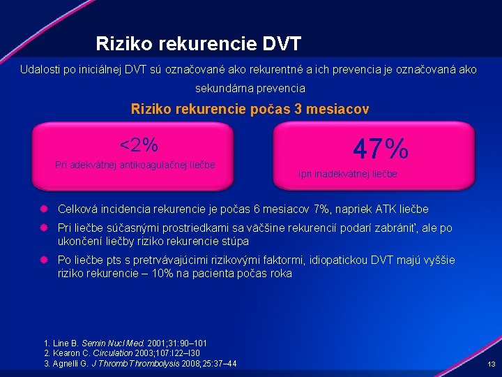 Riziko rekurencie DVT Udalosti po iniciálnej DVT sú označované ako rekurentné a ich prevencia