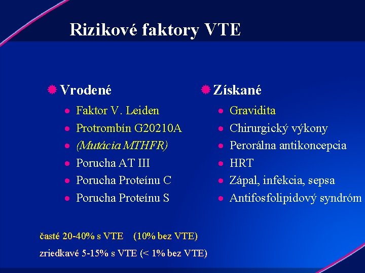 Rizikové faktory VTE ® Vrodené · · · ® Získané Faktor V. Leiden Protrombín