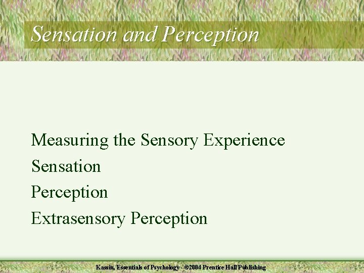 Sensation and Perception Measuring the Sensory Experience Sensation Perception Extrasensory Perception Kassin, Essentials of