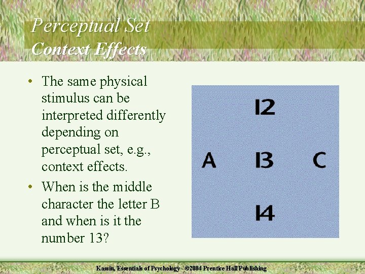 Perceptual Set Context Effects • The same physical stimulus can be interpreted differently depending