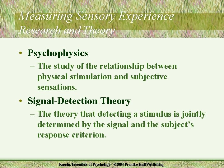 Measuring Sensory Experience Research and Theory • Psychophysics – The study of the relationship