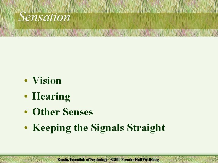Sensation • • Vision Hearing Other Senses Keeping the Signals Straight Kassin, Essentials of