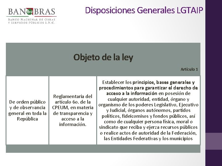 Disposiciones Generales LGTAIP Objeto de la ley Artículo 1 Establecer los principios, bases generales