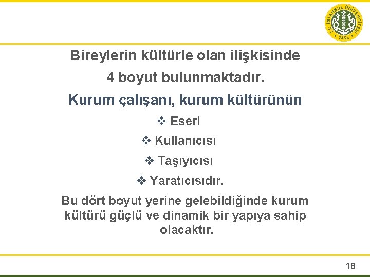 Bireylerin kültürle olan ilişkisinde 4 boyut bulunmaktadır. Kurum çalışanı, kurum kültürünün v Eseri v