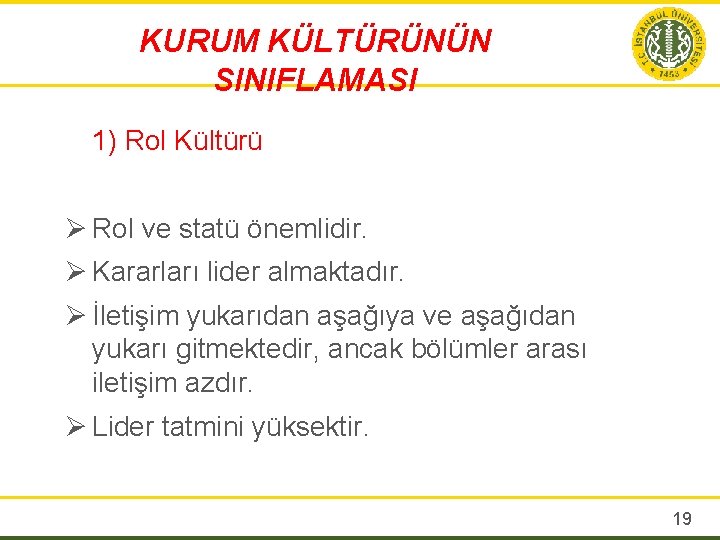 KURUM KÜLTÜRÜNÜN SINIFLAMASI 1) Rol Kültürü Ø Rol ve statü önemlidir. Ø Kararları lider