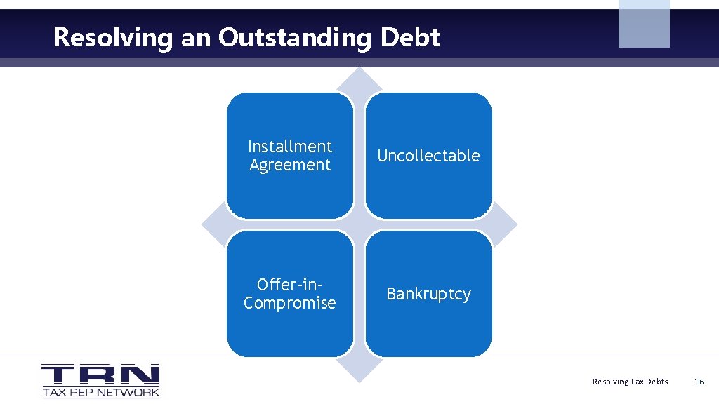 Resolving an Outstanding Debt Installment Agreement Uncollectable Offer-in. Compromise Bankruptcy Resolving Tax Debts 16