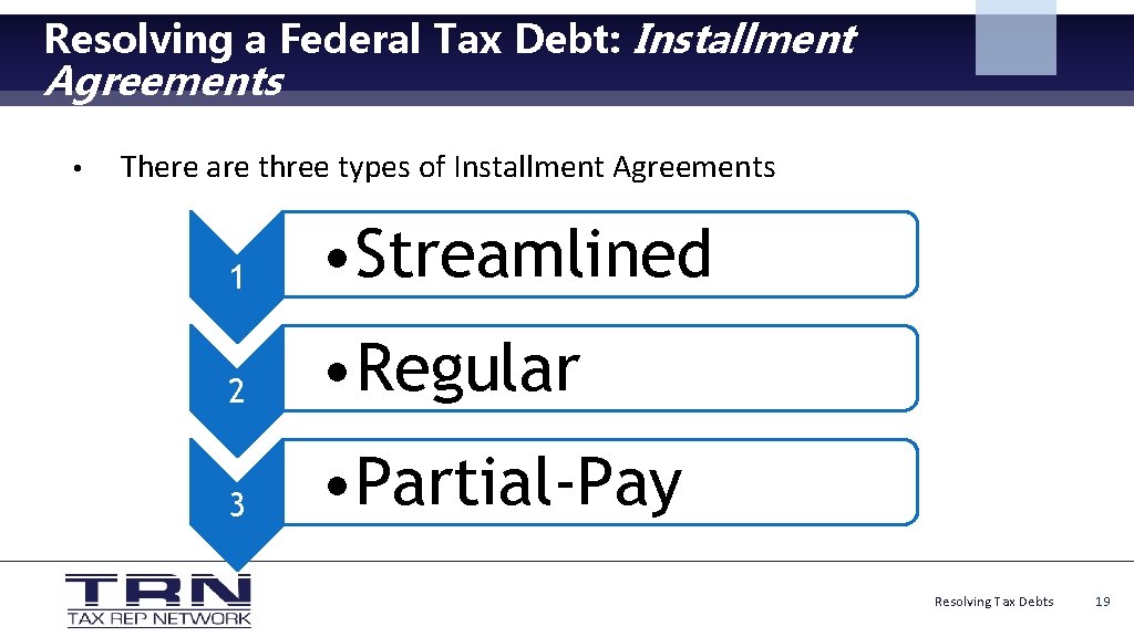 Resolving a Federal Tax Debt: Installment Agreements • There are three types of Installment