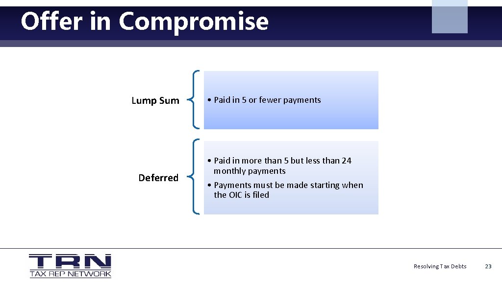 Offer in Compromise Lump Sum Deferred • Paid in 5 or fewer payments •