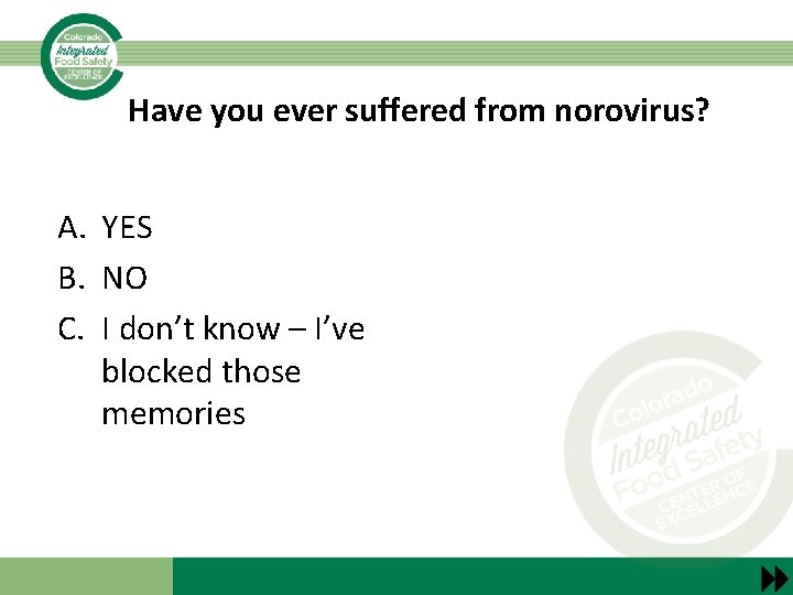 Have you ever suffered from norovirus? A. YES B. NO C. I don’t know