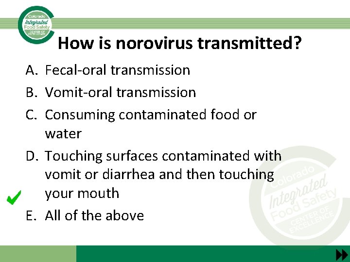 How is norovirus transmitted? A. Fecal-oral transmission B. Vomit-oral transmission C. Consuming contaminated food