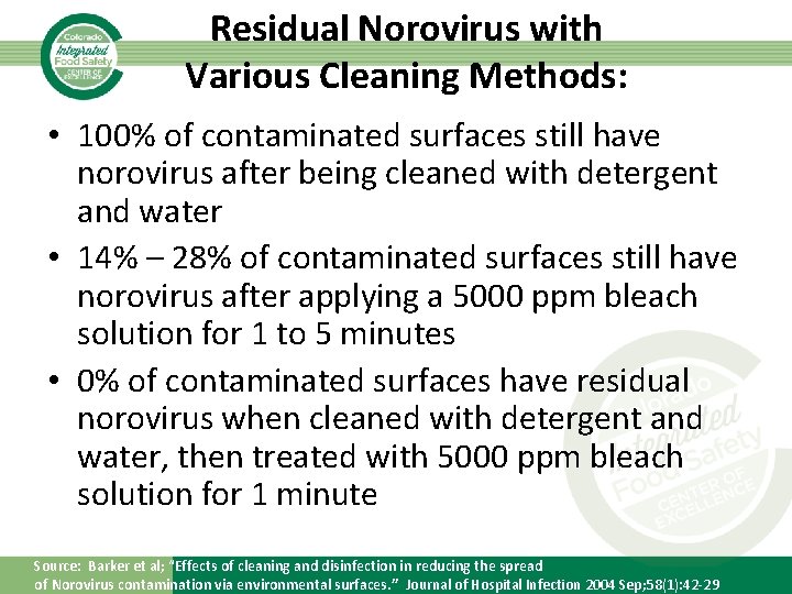 Residual Norovirus with Various Cleaning Methods: • 100% of contaminated surfaces still have norovirus