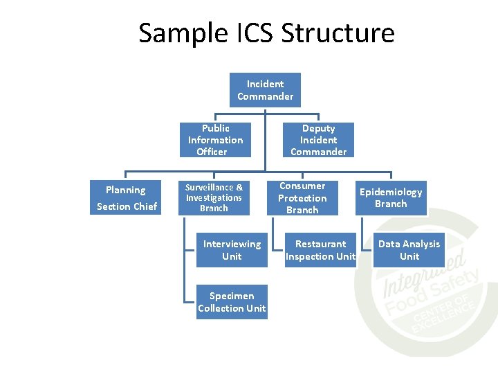 Sample ICS Structure Incident Commander Public Information Officer Planning Section Chief Surveillance & Investigations