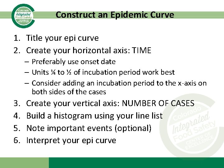 Construct an Epidemic Curve 1. Title your epi curve 2. Create your horizontal axis: