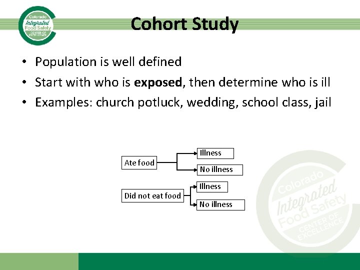 Cohort Study • Population is well defined • Start with who is exposed, then