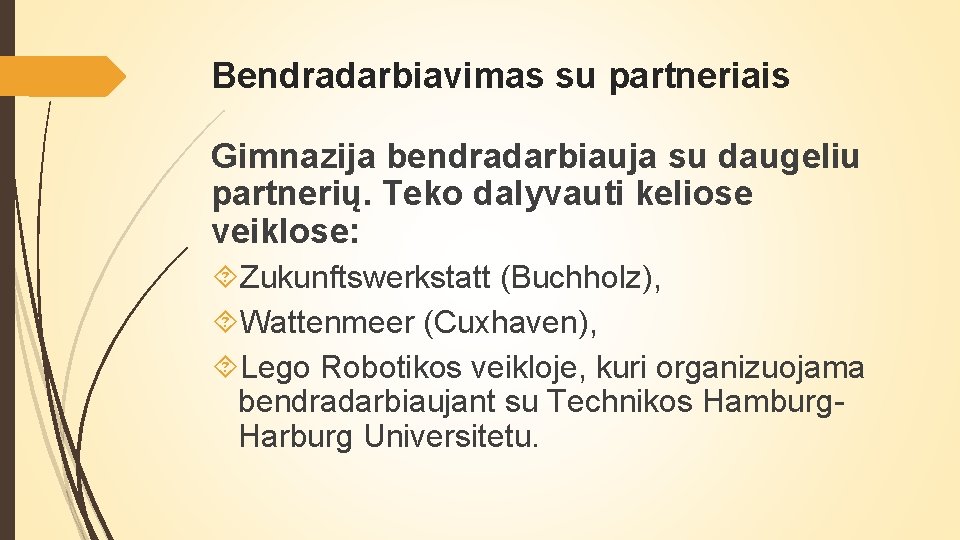 Bendradarbiavimas su partneriais Gimnazija bendradarbiauja su daugeliu partnerių. Teko dalyvauti keliose veiklose: Zukunftswerkstatt (Buchholz),