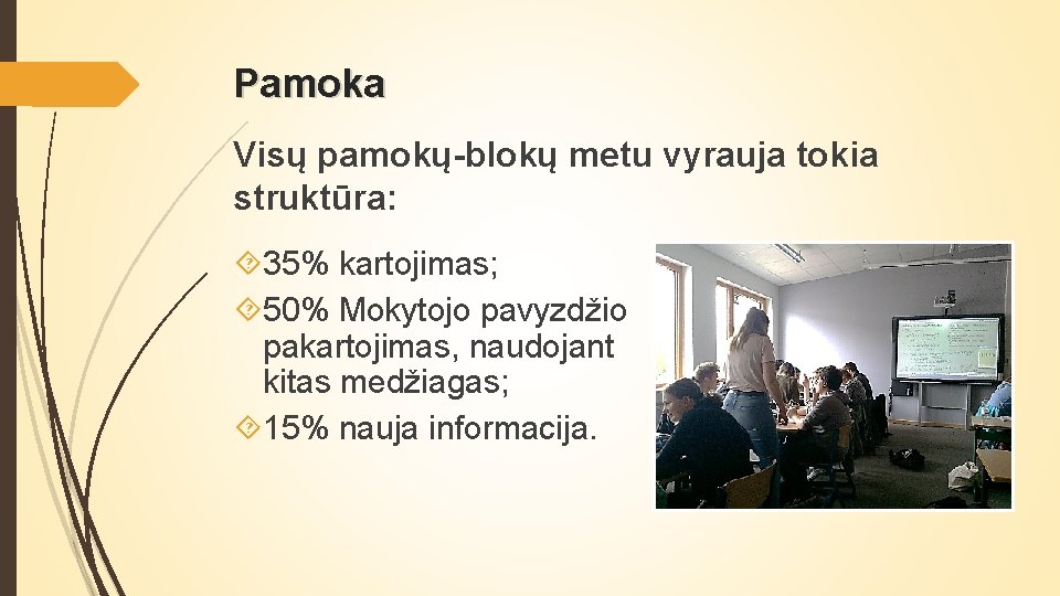 Pamoka Visų pamokų-blokų metu vyrauja tokia struktūra: 35% kartojimas; 50% Mokytojo pavyzdžio pakartojimas, naudojant