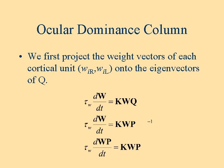 Ocular Dominance Column • We first project the weight vectors of each cortical unit Ocular Dominance Column • We first project the weight vectors of each cortical unit