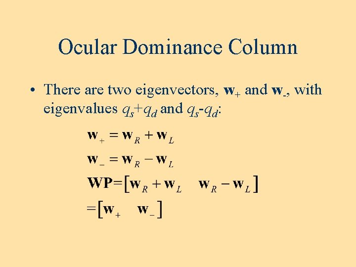 Ocular Dominance Column • There are two eigenvectors, w+ and w-, with eigenvalues qs+qd Ocular Dominance Column • There are two eigenvectors, w+ and w-, with eigenvalues qs+qd
