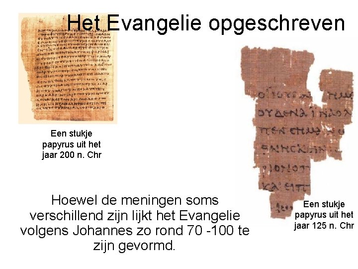 Het Evangelie opgeschreven Een stukje papyrus uit het jaar 200 n. Chr Hoewel de