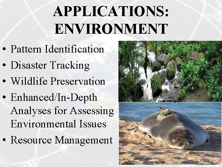 APPLICATIONS: ENVIRONMENT • • Pattern Identification Disaster Tracking Wildlife Preservation Enhanced/In-Depth Analyses for Assessing