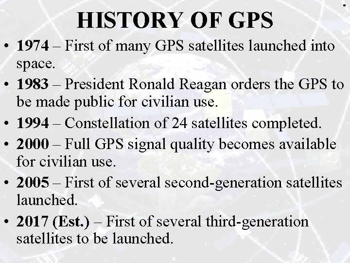 HISTORY OF GPS * • 1974 – First of many GPS satellites launched into