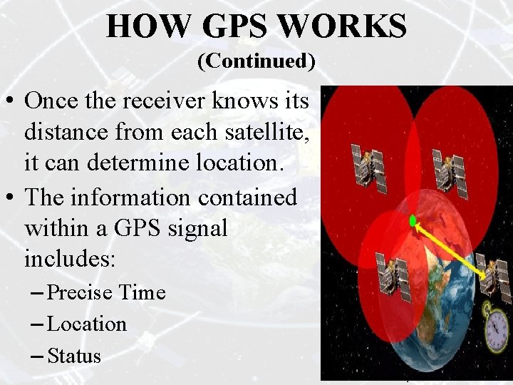 HOW GPS WORKS (Continued) • Once the receiver knows its distance from each satellite,