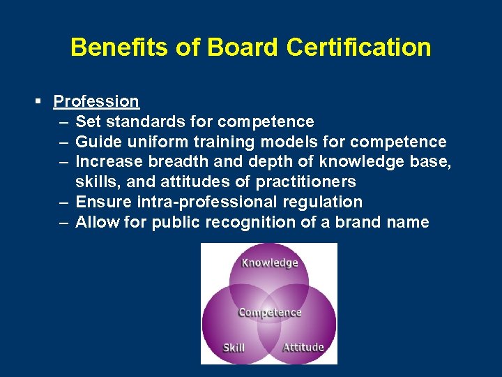 Benefits of Board Certification § Profession – Set standards for competence – Guide uniform