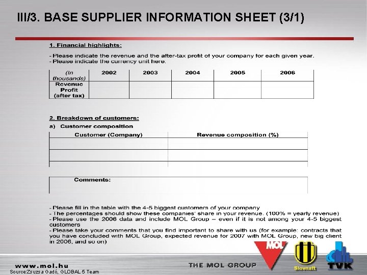 III/3. BASE SUPPLIER INFORMATION SHEET (3/1) Source: Zsuzsa Gadó, GLOBAL 5 Team 